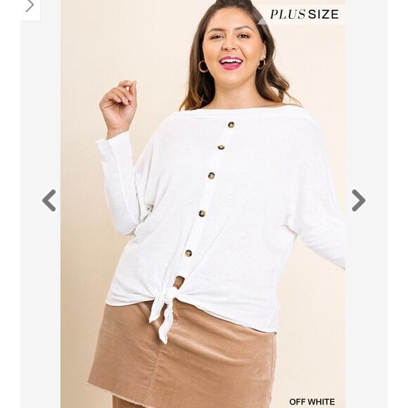 LONG Sleeve Knit Off Shoulder Faux Button Front Top with Waist Tie and Scoop Hem - Picture 2 of 3